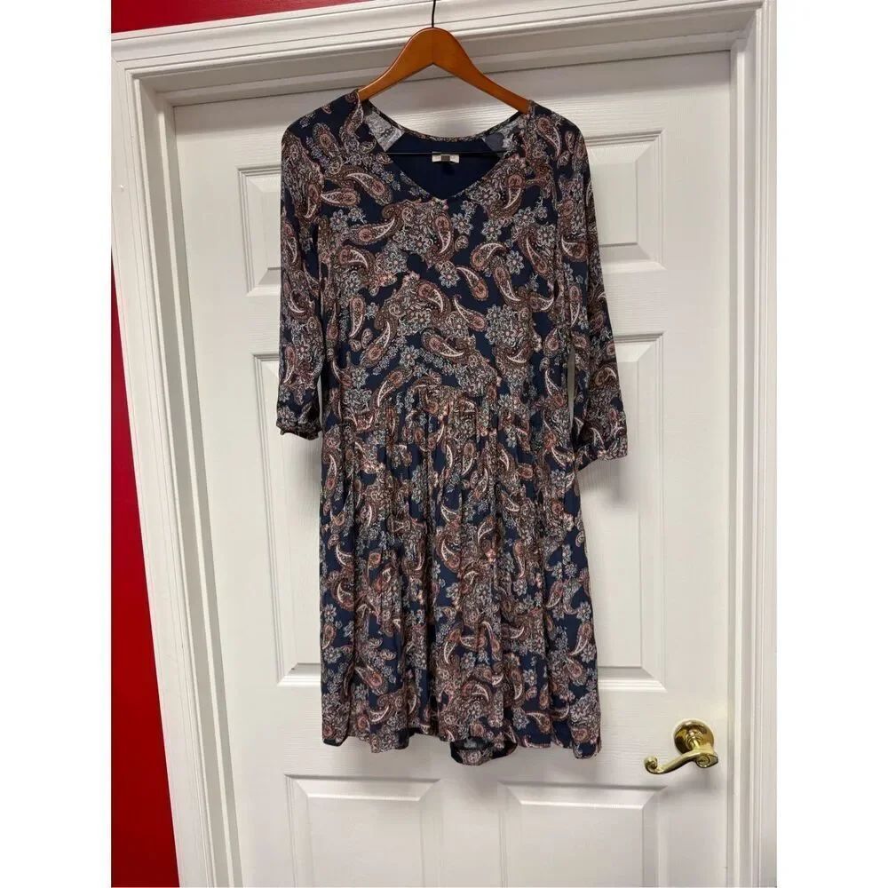 Garnet Hill Navy & Rust Paisley V-Neck Drop Waist Pleat Front Dress w/ Pickets S